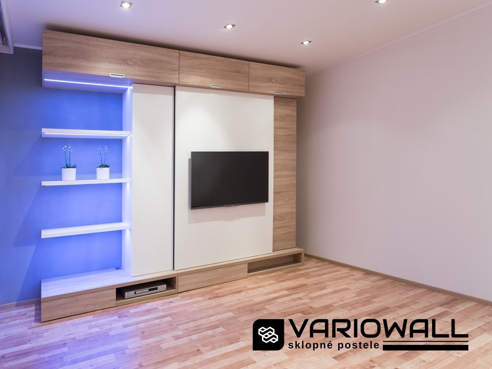 VARIOWALL - 310 Space - Sklápěcí postel s obývací stěnou - Bílá Dub
