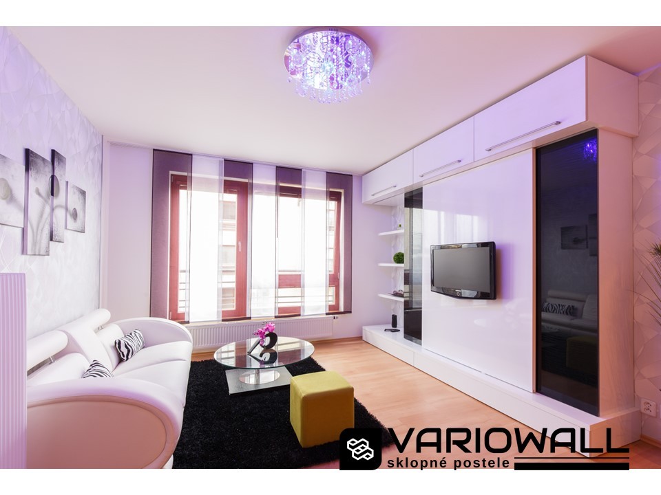 VARIOWALL - 310 De Lux - Luxusní sklápěcí postel v obývací stěně - Bíločerná lesk